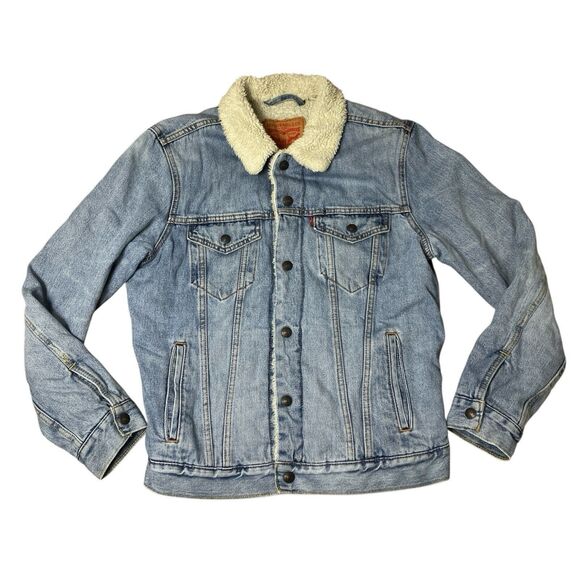 Levis Denim Jacket Mens M Blue Sherpa Lined Trucker Red Tab Western Light Wash - Picture 3 of 13